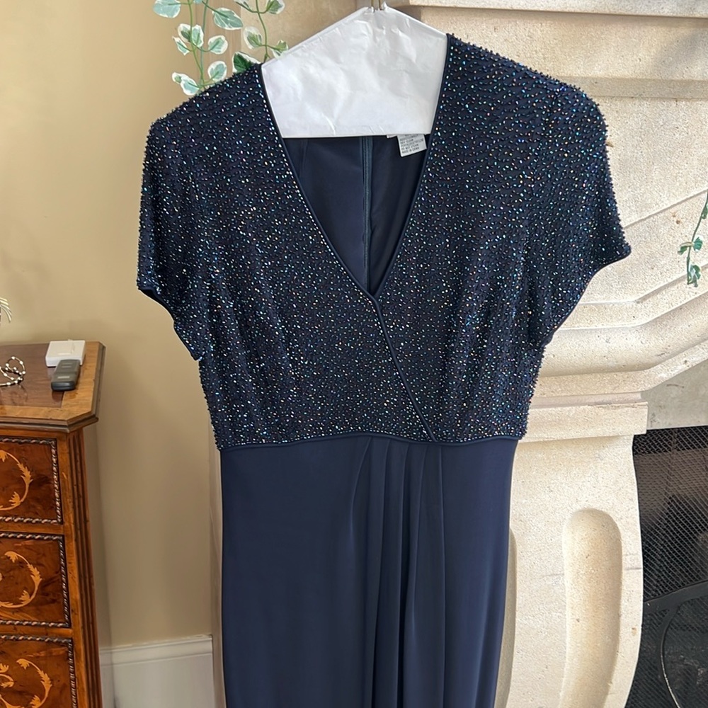 BIEFF BASIX Silk Blend Navy Blue Embellished Beaded Maxi Dress size 8